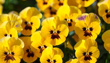 Vibrant Yellow Pansy Flowers with Dark Centers in a Sunny Garden.