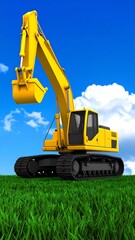 Yellow excavator on green grass against blue sky