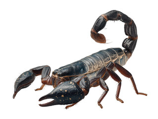 Detailed macro view of a black scorpion with segmented tail and claws isolated on transparent background