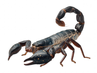 Detailed macro view of a black scorpion with segmented tail and claws isolated on transparent background