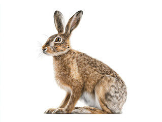 Fototapeta premium Detailed illustration of a brown rabbit sitting gracefully, showcasing its long ears, soft fur, and alert expression, surrounded by a clean white background for visual clarity
