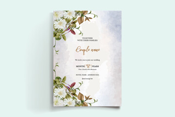 WEDDING INVITATION FRAME WITH FLOWER DECORATIONS AND FRESH LEAVES