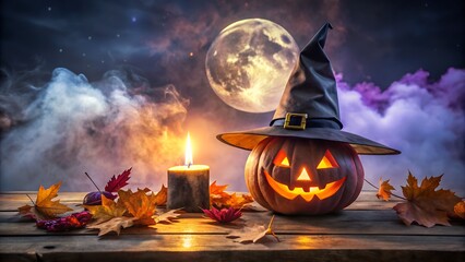A carved jackolantern with a witch hat and a lit candle sits on a wooden table under a full moon on a spooky halloween night with colorful clouds and autumn leaves