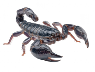 Detailed close up of a dark colored scorpion with raised tail isolated on transparent background