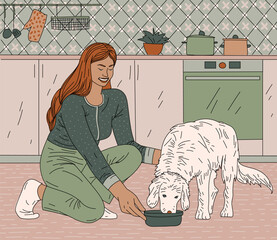 Young woman in the kitchen on the floor feeds the dog from a bowl. Smiling woman feeds a white labrador. Happy owner and pet. Pet care. Vector illustration drawn by hand in flat style.