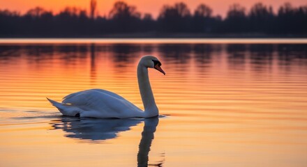 Fototapeta premium Swan on lake at sunset