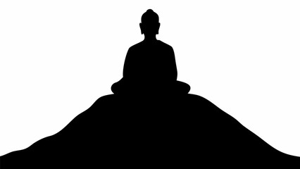 Silhouette of a person meditating on a hill against a white background in a simple black and white image