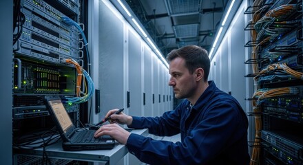 Technician working on laptop in server room