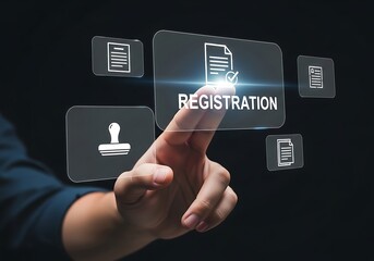 Finger touching registration document icon hand pressing