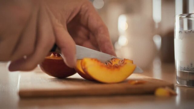 A hand skillfully cuts a fresh peach on a wooden cutting board in a warm kitchen. Nearby, a glass of refreshing beverage adds a vibrant touch to the scene