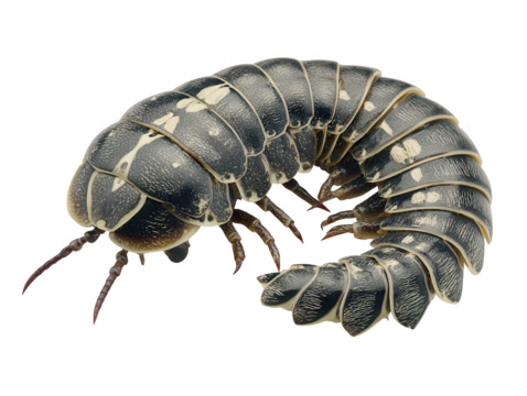Detailed macro view of a pill millipede curled up isolated on transparent background