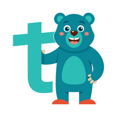 Playful Bear Character with Big Alphabet T Illustration, Cute Children's Book Art, Learning Letters, Fun Animal Design, Educational Vector