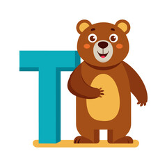 Playful Bear Character with Big Alphabet T Illustration, Cute Children's Book Art, Learning Letters, Fun Animal Design, Educational Vector