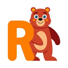 Playful Bear Character with Big Alphabet R, Fun Kids Illustration, Cute Animal Learning, Educational Children Book Vector Art Design