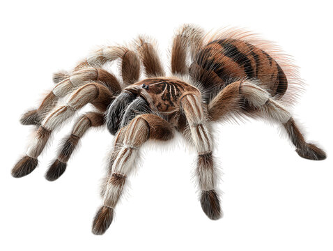 Detailed macro view of a hairy tarantula spider with striped legs isolated on transparent background
