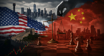 Geopolitical and Economic Showdown: USA vs. China in a High-Stakes Chess Game of Global Power and Trade Conflict, Balancing Scales Under Stormy Skies