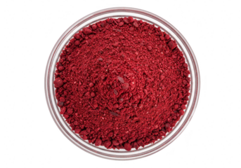 Top view of a bowl filled with vibrant red sumac spice powder, isolated on a transparent background, showcasing its granular texture and culinary use