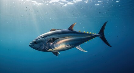 Obraz premium Tuna fish swimming underwater, sunbeams