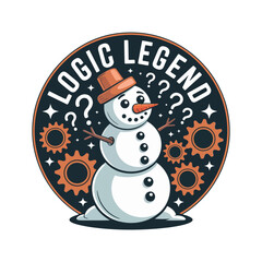 Logic legend snowman with gears and numbers, smart christmas vector emblem, poster card typography, puzzle club sticker, tshirt design