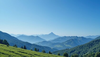 &ldquo;Tranquil mountain background with clear blue sky, fresh greenery at the base, and neat natural tones, simple and calm.&rdquo;
