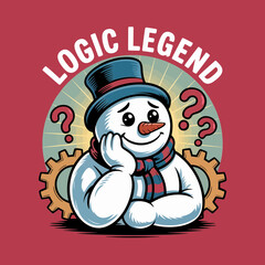 Logic legend smiling snowman in top hat beside gears, clever christmas vector artwork, poster card typography, brain game sticker