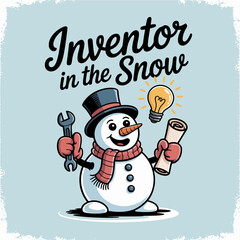 Inventor in snow snowman holding wrench and mug, light bulb idea above, christmas vector illustration, poster card typography