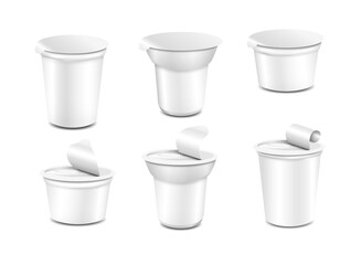 White plastic food containers with lid for yogurt, sour cream, sauce,ice cream,vector set