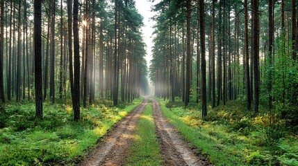 Obraz premium In the heart of a dense forest lies a winding dirt path flanked by towering trees on either side