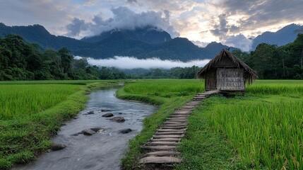   A humble cottage amidst a vast green expanse, with a bubbling brook meandering nearby and majestic mountains looming in the backdrop