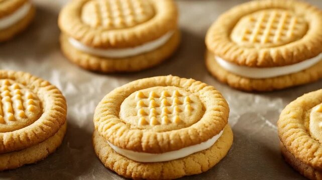 Several golden round sandwich cookies with creamy white filling and textured tops are displayed on light parchment paper