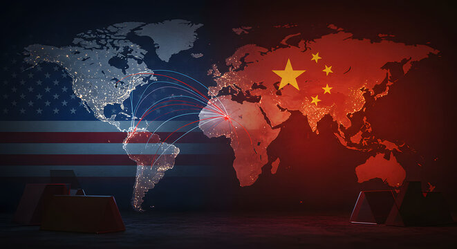 Global Geopolitical Competition: USA and China's Strategic Influence on World Map, Highlighting Africa as a Battleground for Power Dynamics and International Relations - Powered by Adobe