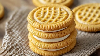 Stacked sandwich cookies with cream filling on textured fabric biscuit