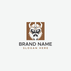 Viking warrior head logo with horned helmet and beard, company name and slogan text face