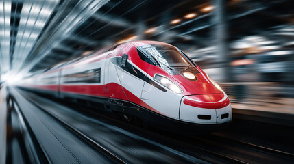 Blurred Motion of High Speed Red and White Train Transportation. Ai Generated Images