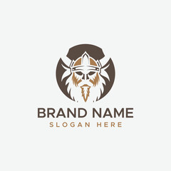 Viking warrior logo with helmet and beard on vector illustration