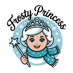 Frosty princess cartoon, snow queen style with tiara and scarf, charming winter character badge, christmas poster vector