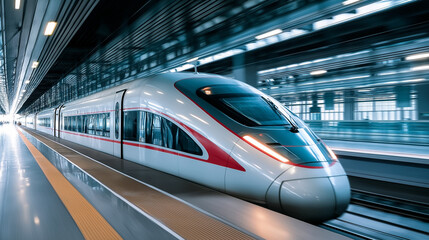 Modern Blurred Motion High Speed Train Arriving At Station Platform. Ai Generated Images