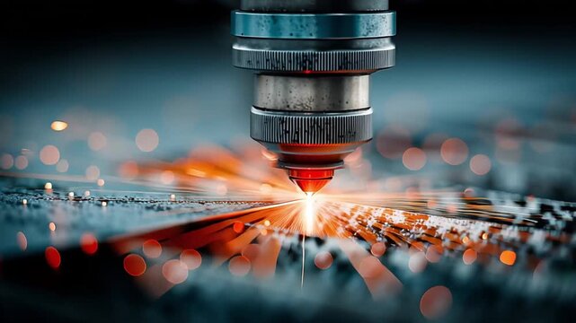 Close-up of laser cutting metal sheet, glowing red beam, sparks scattering, sharp precision edges, futuristic industrial style