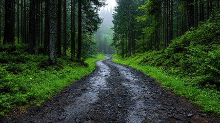   Dirt road in forest surrounded by tall trees on both sides and dense woods beyond