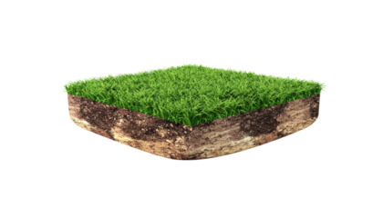 Fantasy floating piece of land with grass soil terrain and natural environment element isolated on white background