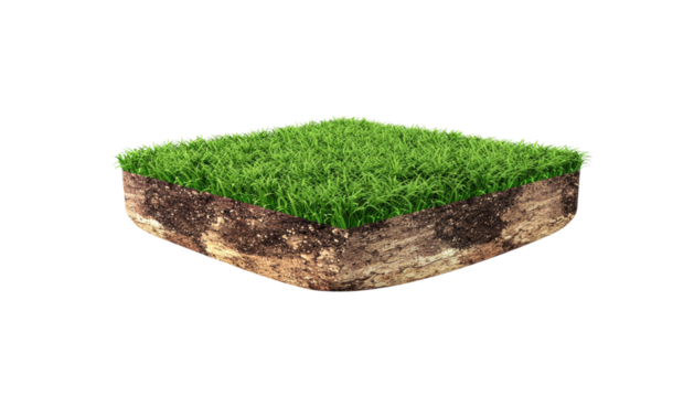 Fantasy floating piece of land with grass soil terrain and natural environment element isolated on white background