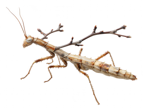 Detailed macro photograph of a brown stick insect with branch like appendages isolated on transparent background