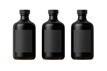 Three identical black glass bottles with blank dark labels, standing side by side, isolated on a pure transparent background, perfect for product mockups and branding