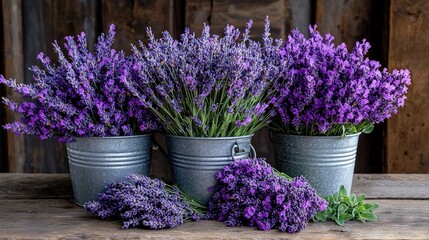 Fototapeta premium A wooden table holds two purple flower-filled buckets against a wooden wall