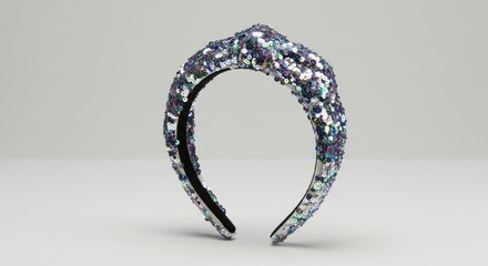 Bejeweled headband featuring glittery sequins with silver edging against a solid background