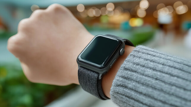 Close Up Person Wearing Modern Smartwatch Device on Wrist Indoor. Ai Generated Images - Powered by Adobe