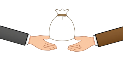 Two hands exchange a tied white sack money bag transaction and financial exchange concept isolated on white background