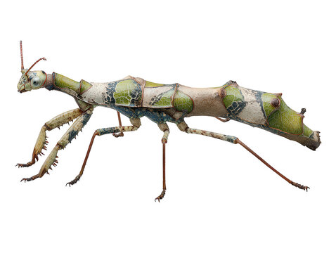 Detailed macro view of a cryptic leaf insect with intricate camouflage isolated on transparent background