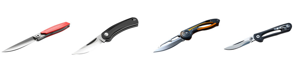Four distinct modern folding knives displayed with sharp metallic blades and textured handles Isolate