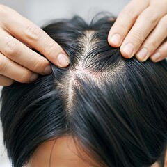 Fototapeta premium Close up of scalp and thinning hair concept for hair loss or dandruff problems and scalp condition male pattern baldness